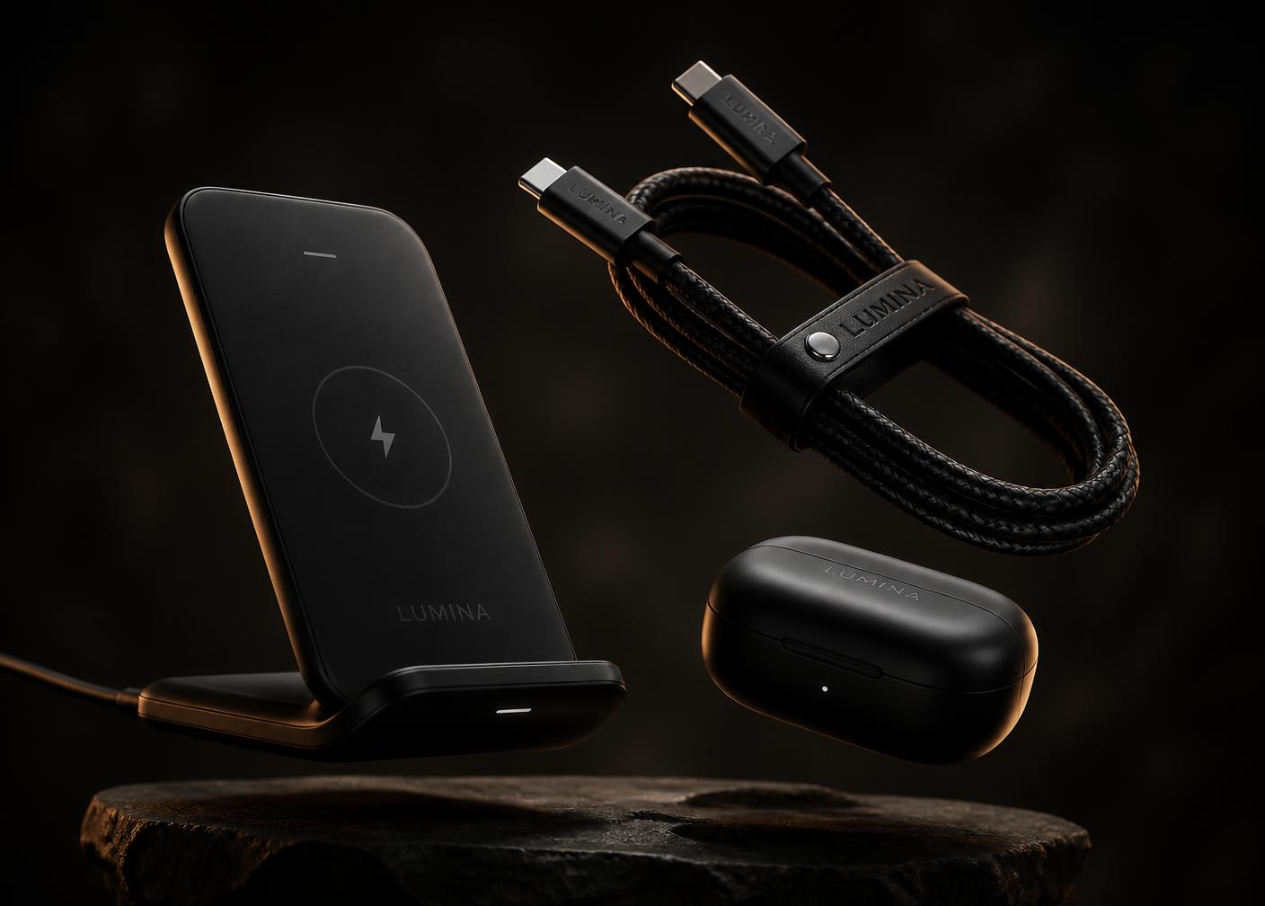 Wireless charging stand, braided USB-C cable and earbuds case on a dark backdrop
